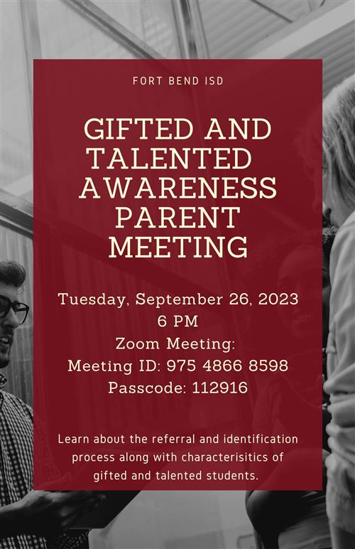 GT Awareness Parent Meeting Flyer  Parent meeting on September 26 at 6 pm via Zoom 